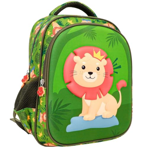Mochila Escolar Infantil 3D Leão, Verde com Estampa de Leão Meninos Pré Escola e Maternal