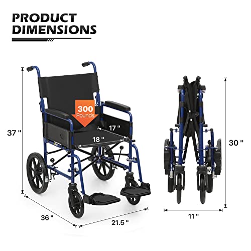 Monibloom Lightweight Wheelchair For Adults With Dual Cross Brace, Pu Wheels And Paded Armrest User-Friendly Folding Self Propelled 18 Inch Wide Seat Wheel Chair, 300 Lbs Weight Capacity, Blue #TOP1