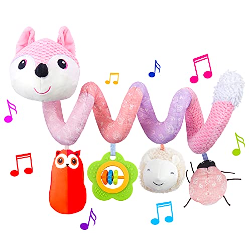 Image of HILENBO Car Seat Toys, Infant Baby Pink Fox Spiral Activity Plush Hanging Toys for Car Seat Stroller Bar Crib Bassinet Mobile with Music Box BB Squeaker and Rattles（Pink）