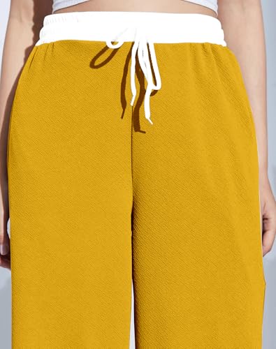 Image of Mehrang Wide Leg Drawstring Pants, with Contrast Waist Band || Casual Lounge Wear Side with Pockets, High Waisted, Relaxed Fit Trouser for Women