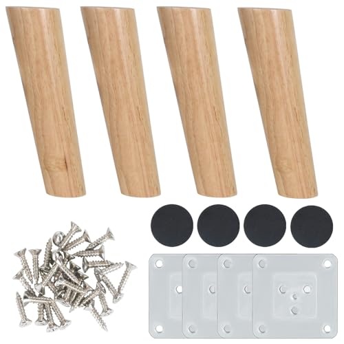 Luabue 4pcs Pieds de Meuble 20 cm en Bois Pieds de Canapé Bois Avec Plaque de Montage Vis et Tapis antidérapant Pieds de Meuble Bois Incliné pour Lit Armoire Tables et Chaises