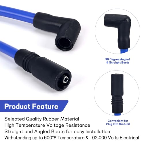Image of 10.4mm Spark Plug Wires for Harley Dyna 00-17 Softail 99-17, Blue | For Super Glide /Wide Glide /Low Rider & Springer /Slim /Deluxe /Deuce, Heat & Wear Resistant, Copper Core, Silicone Casing