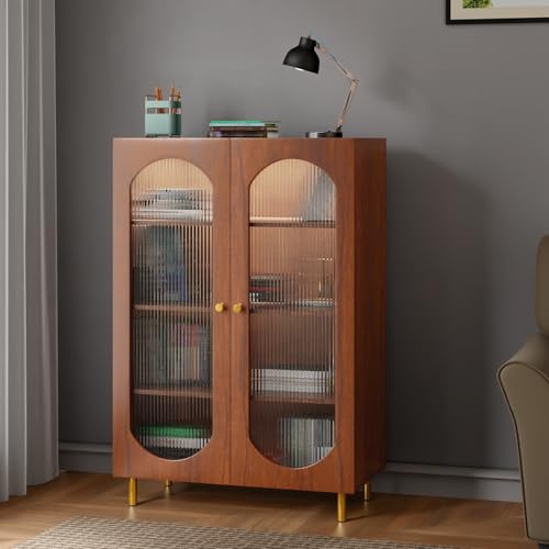 Image of Rocco Stellar Bookshelf with Auto LED Lights & Acrylic Fluted Doors | Engineered Wood Bookcase | Adjustable Shelves, Scratch-Resistant | Living Room, Library & Office (Teak Brown, Tall Size)