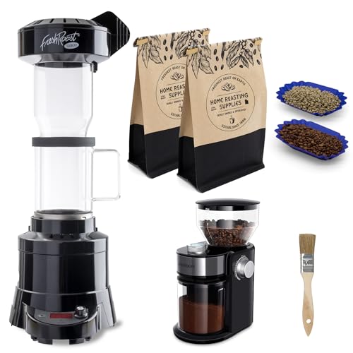 Fresh Roast Coffee Roaster Bundle SR800, Glass Extension Tube, Burr Grinder, (2 Lbs) Sample Pack of Green Beans, (2- pack) Sample trays