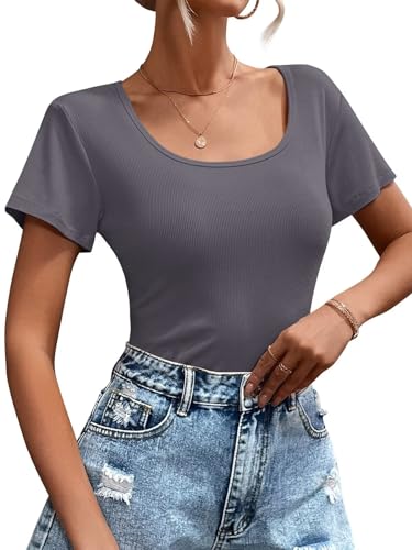 Ridshy Womens T Shirt Short Sleeve Slim Fitted Tshirt Ribbed Basic Tee Tops Summer Casual Fashion Clothes Deep Grey M