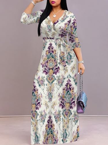 Image of Women's V Neck Floral Maxi Dress 3 /4 Sleeve Plus Size Boho Wrap Flowy Long Dresses with Belt