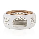 SUMNACON Calientaplatos de cerámica, calentador de tetera con portavelas y alfombrilla de corcho, calentador de té tallado hueco, calentador de té decorativo para calentar té, café, leche como regalo