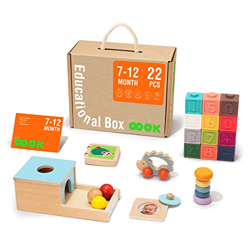 Image of TOOKYLAND Montessori Toys for Babies 6-12 Months, 7 in 1 Learning Educational Set Wooden Toys (Includes Baby Rattle, Object Permanence Box, Wooden Book, Teething Toy and More)