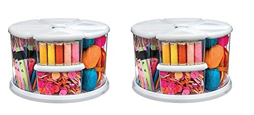 Deflecto Rotating Carousel Craft Storage Organizer, 9-Canister Configuration Includes 3" and 6" Canisters, Removable, Clear, White Lids (3901CR) (Pack of 2)
