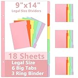 18 Sheets 9x14 Inch Legal Size Tab Dividers 3 Ring Binder Legal Size Index Tab Dividers 6 Colors Legal Index...