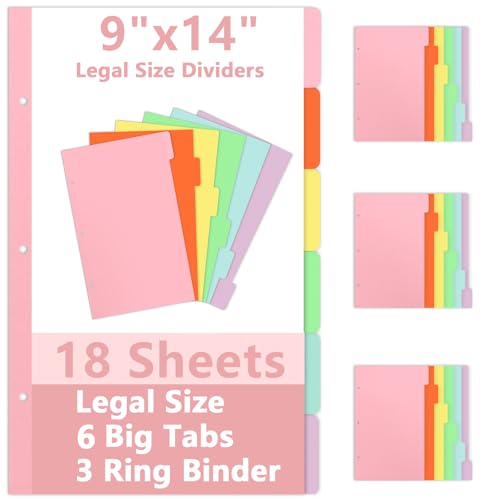Intercalaires de taille légale 22,9x35,6 cm à 3 anneaux, lot de 18 feuilles en 6 couleurs