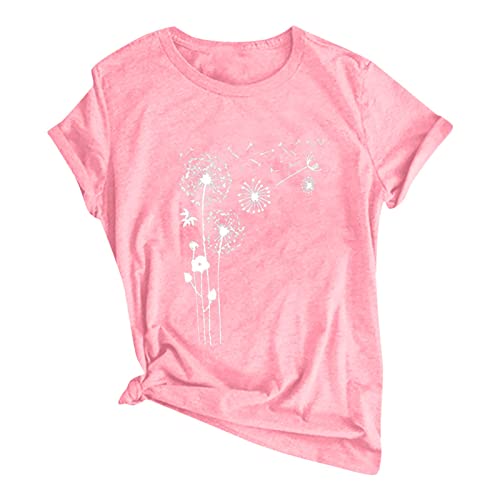Summer Tops for Women 2025 Cute Floral Graphic Tees Crewneck Short Sleeve Shirts Dandelion Print Teen Girls Cotton Tshirts3