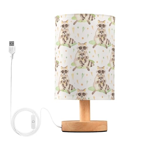 YYZZH Table Lamp Watercolor Raccoon and Baby Animal Pattern Nightstand Lamp with Wood Base Fabric Lamp Shade Bedside Desk Lamp for Living Room Bedroom Kids Room Office