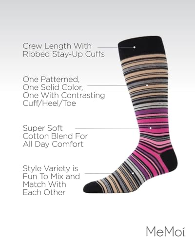 MeMoi Striptrast Cotton Blend Crew Sock 3 Pack Black/Grape 10-133