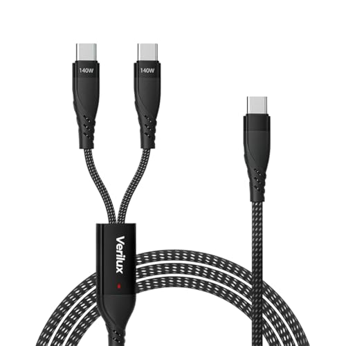 Image of Verilux Type C Splitter Charging Cable 1 to 2, 140W PD Fast Charging USB C to Dual USB C Cable Nylon Braided Cord, Dual Device Charging Cord with 480Mbps Data Sync, for Phone, Tablet