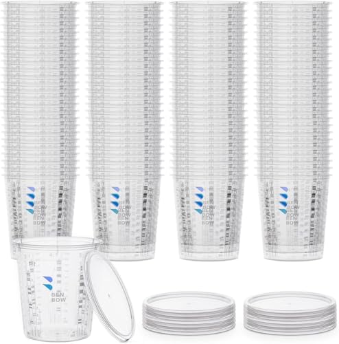 BenBow Profi-Messbecher 100x 385ml mit 12x Deckel mit vielfältiger Skalierung - Becher mit Skala Mischbecher Lackmischbecher Meßbecher Lackbecher Einwegmischbecher