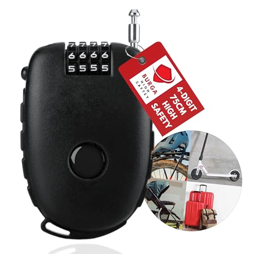 BURGA Kabelschloss 4-stellig mit 75cm Stahlseil u Zahlenschloss | Einziehbar, sehr effizient & zuverlässig | Schloss Koffersc