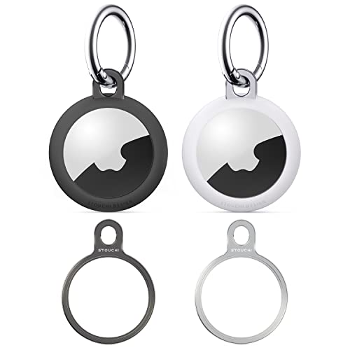 Image of Stouchi 2 Packs Airtag Holder Key Ring with Soft TPU Case Stainless Steel | Invisible Slim Keychain for Airtag 2nd Gen (2026) & 1st Gen Finder Items, Dog, Key, Backpacks Grey White