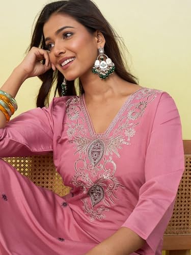 Image of Women's Embroidered Silk Straight Kurta Kurti | Below Knee Kurtas for Women Traditional Indian Wear Outfit Suitable Casual Festive Office Styling