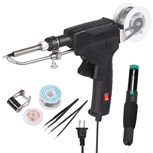 CAMWAY Automatic Soldering Gun Kit, 60W Handheld Soldering Iron Tool 6 in 1 with Detachable Solder Wire Bracket and On/Off Switch, Solder Wire, Desoldering Pump,Solder Wick, 2Anti-static Tweezers