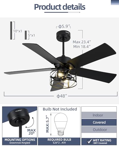 Image of YOUKAIN 48-Inch Farmhouse Ceiling Fan with Lights and Remote, Matte Black