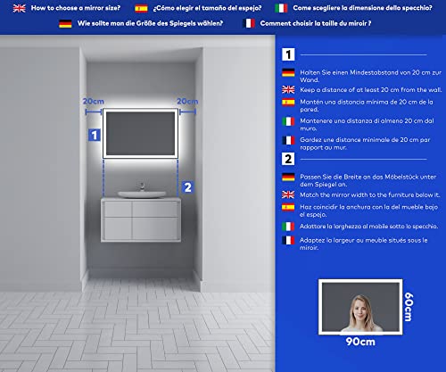 FORAM Badspiegel mit Beleuchtung - Led Spiegel Bad - 90x60 - Badezimmerspiegel Nach Maß - auf Individuelle Bestellung Gefertigt - Modernes… – Ansicht 2