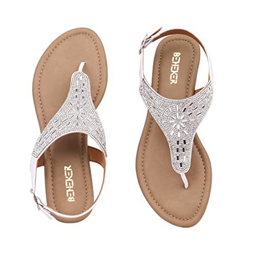 BENEKER Women's Rhinestone Thong Flat Sandals T-Strap Fashion Sandals Ankle Strap Summer Gladiator Sandals4
