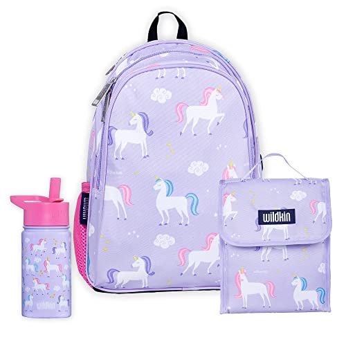 Wildkin 15 Inch Kids Backpack & Lunch Bag Bundle with 14 oz Steel Water Bottle – Durable, Lightweight School & Travel Set - Unicorn