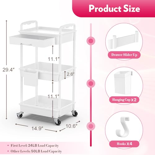 Image of SUNALLY Makeup Cart Organizer with Drawer,3 Tier Rolling Makeup Cart, White