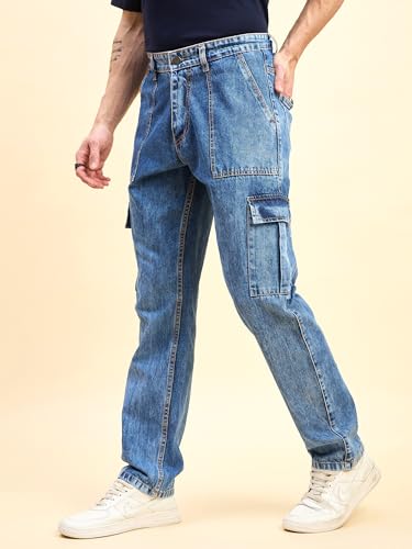 Image of STUDIO NEXX Men's Loose Fit Cargo Jeans | Non Stretchable | Cargo Denim for Men | Loose fit Cargos | Utility Pockets