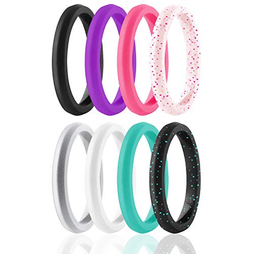 ROQ Silicone Wedding Ring for Women, Set of 8 Thin Stackable Silicone Rubber Wedding Bands Point- Turquoise, Pink, Purple, Black, White, Silver, Black/Turquoise Glitter, White/Pink Glitter - Size 6