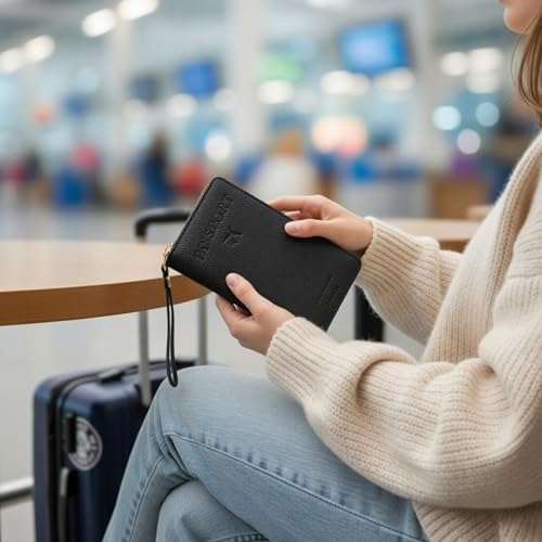 Image of Mensch Faux Leather Travel Passport Holder, RFID Blocking Premium Travel Document Organiser with Secure Zipper Closure Passport Cover & Travel Accessories for Men & Women (Black)
