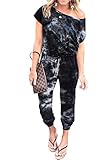 PRETTYGARDEN Women's Loose Solid Off Shoulder Elastic Waist Stretchy Long Romper Jumpsuit (Tie Dye-black,Large)