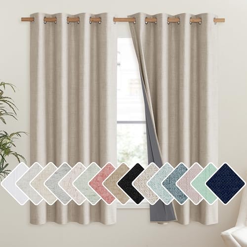 NICETOWN Oatmeal Linen Complete Blackout Curtains 48 inches for Kids Room,2 Panels,Thermal Insulated & Noise Reducing Window Draperies with White Liner,Noise Reducing Short Drapes by NICETOWN - Used condition - CA$17.03