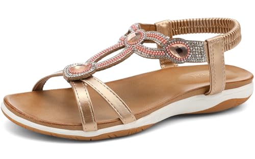 Image of UBFEN Flat Sandals For Women Dressy Arch Support Comfortable Casual Sandal With 2026 Rhinestone Braid Elastic Strap Summer Vacation