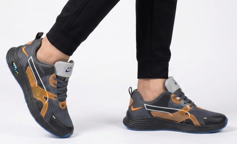 Image of Athletic Running Shoes, Dark Grey with Orange Accents, Cushion Sole, Blue Outsole, Lace-Up Sneakers