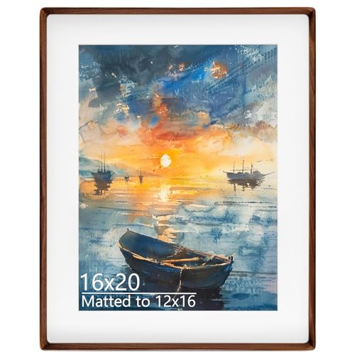 Husteria 16x20 Picture Frame in Natural Walnut Wood Solid Wooden Photo Frames Matted to 12x16 Gallery Poster Frames for Wall Mount