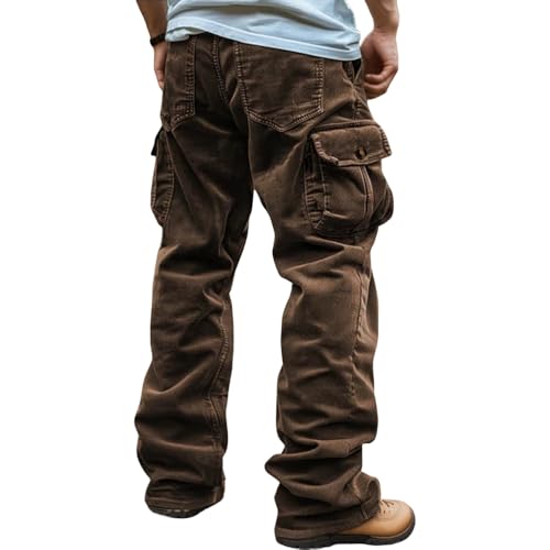 Men’s Vintage Corduroy Wide Leg Pants Casual Fall Winter Elastic Waist Baggy Cargo Pants with Multiple Pockets