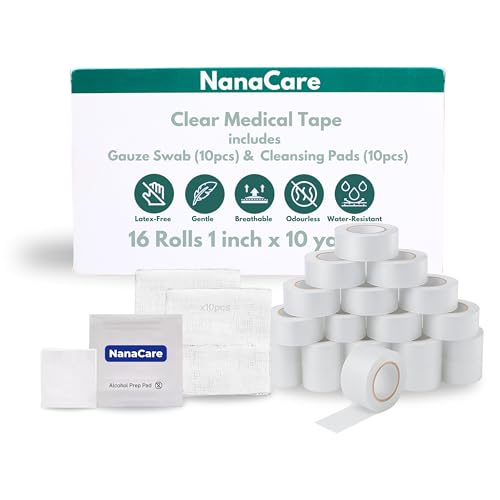 NanaCare Clear Medical Tape Waterproof, 16 Rolls x 1 inch