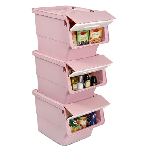 GIANTEX 3 Pack Plastic Stackable Storage Bins with Lids & Wheels, 35 QT