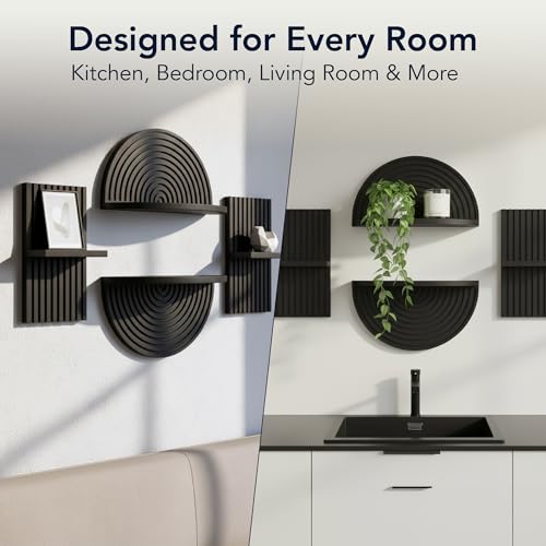 Image of American Art Decor Black Boho Arched Lunar Ledges Wall Shelf Set, 4 Piece Modular Wood Floating Display Shelves, Arch Bookshelf for Bedroom, Bathroom, Kitchen & Living Room Decor