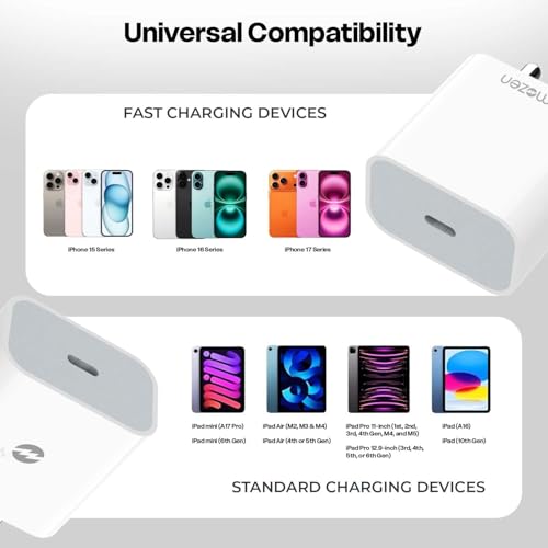 Image of Mozen (MFi-Standard & BIS Certified) 20W iPhone Charger USB-C Charger with Type-C Cable, Compatible with iPhone 17 /16 /15 Series, iPad & USB-C Devices, Braided Cable, PD Fast Charging, 1 Year Warranty