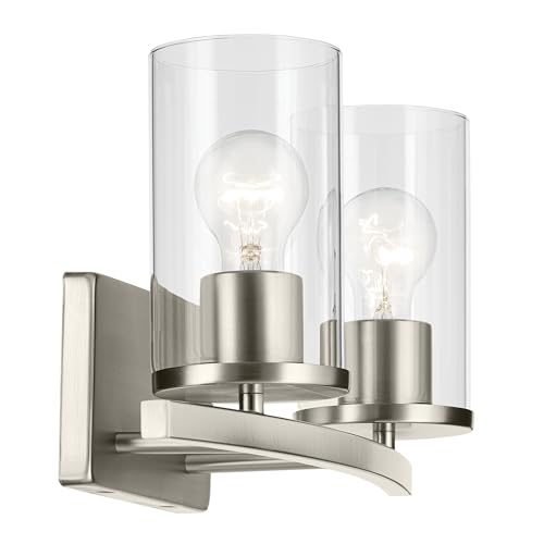 Image of Kichler Crosby 15.25 inch 2-Light Bathroom Vanity Light Fixture with Clear Glass Shades in Brushed Nickel for Modern Powder Room Over Mirror Wall Mount (15.25 inch x 8.75 inch), 45496NICLR