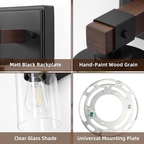 Image of Wall Sconces Set of 2, Farmhouse Rustic Vanity Wall Light Fixture Hardwired | Dark Brown Wood Grain Rustic Wall Sconce with Clear Glass Shade for Mirror, Bathroom, Bedroom, Hallway, E26(Bulbs Not Includ)
