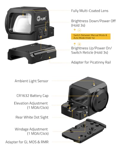 CVLIFE WildHawk Enclosed Multi-Reticle Green Dot Sight for RMS RMSc Cut | Auto-Brightness, 2 MOA Dot & Circle, Motion Awake, 3500G Shockproof, Compact Carry Optics, Adapter for MOS/RMR/Picatinny - image 9