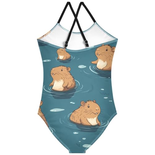 Pigsaly Girls One Piece Swimsuits Cartoon Capybara Sea Bubble Kids Cross Back Swimwear Toddler Beach Sport Bathing Suit 3T2