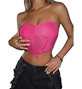 BEAUDRM Women's Solid Ruched Front Sheer Mesh Crop Bustier Top Irregular Hem Sleeveless Slim Fit ...