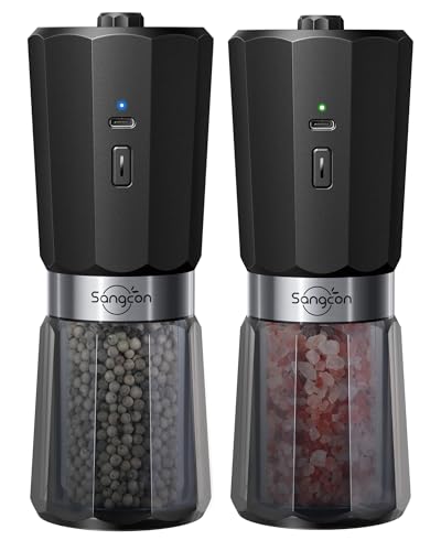 Sangcon 2-Speed Gravity Electric Salt and Pepper Grinder Set, 800mAh Large Capacity Rechargeable Pepper Grinder, 5 Levels of Externally Adjustable Coarseness, One-Handed Operation Automatic Grinding