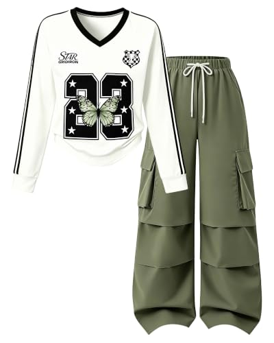 Image of Betusline Girls 2 Piece Summer Outfits,Kids Casual Short Sleeve Crop Top & Cargo Jogger Pants Sets,4T-14Y