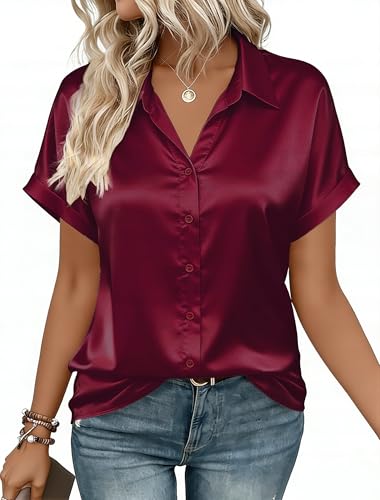 Zeagoo Blouse for Women Fashion 2026 Short Sleeve Silk Blouse Casual Loose Satin Button Down Shirts V-Neck Tinic Up Wine Red